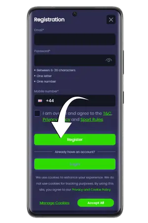 The final Register button on the JeffBet sign up form