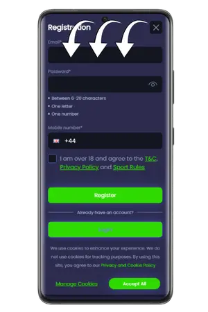 JeffBet registration form with email, password, and phone fields